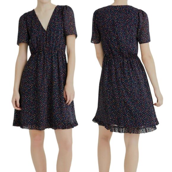 Madewell Dresses & Skirts - Madewell Dress Womens 6 Blue Flutter-Sleeve Ruffle-Hem V-Neck Lined Dots Print